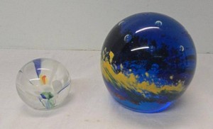 Pair of Art Glass Paperweights Cobalt Bubble & Clear Floral Orb