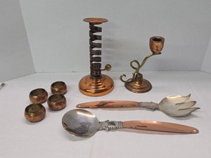 Vintage Copperware Mixed Lot Candlesticks Napkin Rings Salad Servers