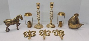 Lot of Brass Home Decor Candlesticks Hooks Horse & Chicken Box