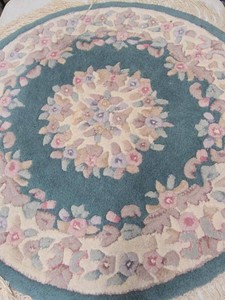 Vintage Round Floral Hooked Rug Teal Cream Pink Fringe 35in