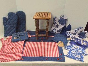 Denim &amp Gingham Mixed Kitchen Linens Assortment &amp Rustic Twig Plant Stand&nbsp