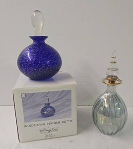 Vintage Art Glass Perfume Bottles Blue Spatter & Clear Ribbed Vanity