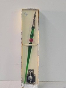 New Murano Glass Dip Pen &amp Inkwell Set Green Red Hand Made Italy