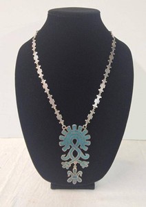 Vintage Mexican Sterling Silver Turquoise Inlay Pendant Necklace