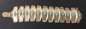 Vintage Hammered Wide Link Bracelet Blue Opal Inlay Southwestern