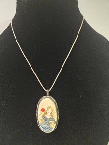 Sterling Silver Art Nouveau Lady Pendant Necklace 18in Hand Painted