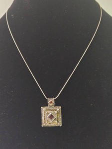 Italy 925 Sterling Garnet Marcasite Square Pendant Necklace 18in