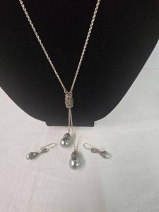 Marcasite Style Gray Pearl Drop Necklace & Earrings Jewelry Set