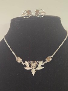 Vintage Sterling Silver Rhinestone Leaf Necklace & Screwback Earring Set