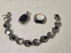 Sterling Silver Onyx Mother of Pearl Marcasite Jewelry Set 925