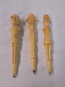 Set of 3 Vintage Hand-Carved Figural Wooden Ballpoint Pens