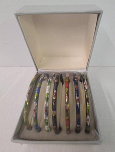 Set of 7 Cloisonne Enamel Floral Bangle Bracelets w Presentation Box