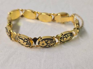 Vintage Gold Tone Damascene Style Link Bracelet Enamel Black Floral Bird