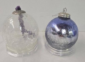 Pair of Crackle Glass Christmas Ball Ornaments Purple & Clear