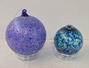Pair of Hand Blown Art Glass Orbs Blue Green Purple&nbsp
