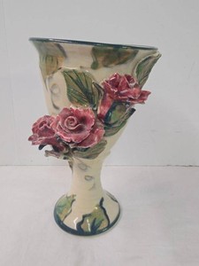 Unmarked Art Pottery Vase With Applied Pink Roses Cream Glaze 8in