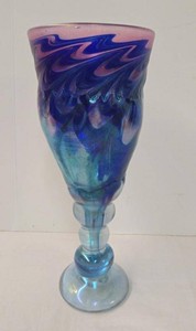 Signed Studio Art Glass Vase Blue Purple Iridescent 10in Hand Blown