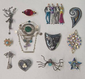 Vintage Costume Jewelry Brooch Pin Lot Figural Rhinestone Mask Spider
