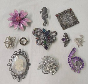 Vintage Costume Jewelry Brooch Pin Lot Rhinestone Floral Animal Cameo