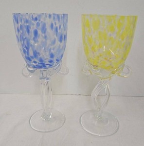 Pair of Hand Blown Art Glass Goblets Blue Yellow Spatter Stems