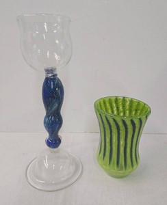 Pair of Hand Blown Art Glass Vases Blue Swirl & Green Striped