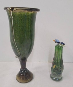 Oulu Glass Company Art Glass Goblet & Bud Vase w Flower Topper