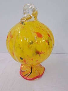 Hand Blown Art Glass Hanging Orb Yellow Confetti Swirl Decor