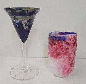 Signed Studio Art Hand Blown Glasses Pink Cased &amp Blue Iridescent Pair