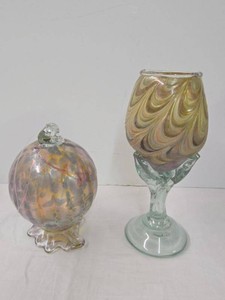 Signed Studio Art Glass Vase & Globe Ornament Iridescent Decor