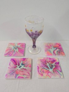 Artisan Signed Art Glass Goblet &amp Michelle Hicks Signed Coaster Set