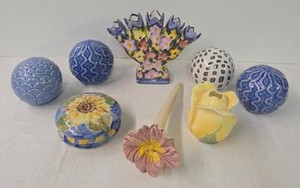 Lot of Hand Painted Ceramic Decor Spheres Vase Trinket Box