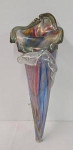Signed Studio Art Glass Wall Pocket Vase Iridescent Pulled Feather
