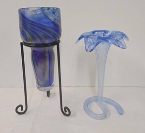 Hand Blown Blue Art Glass Vase w Metal Stand Decor &amp Murano Swirl Flower Vase&nbsp