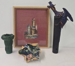 Vintage Decorative Art Lot Dragon Carving Embroidery Leather Vase Dish