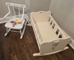 Handmade & Hand Painted Wood Child Rocking Chair & Doll Cradle Set