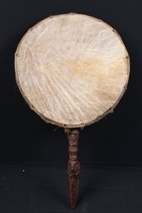 Vintage Carved Wood Hide Hand Drum - Ornate Handle 24H