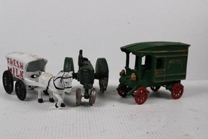 Vintage Cast Iron Toy Vehicle Mixed Lot - Milk Wagon, Tractor & Trolley