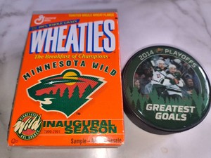 2000-01 Mini Wheaties MN Wild Box and 2014 MN Wild Playoffs Greatest Goals Puck