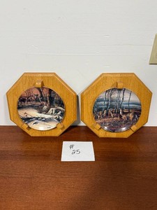 Pair of Deer Collector Plates in Oak Wall Frames