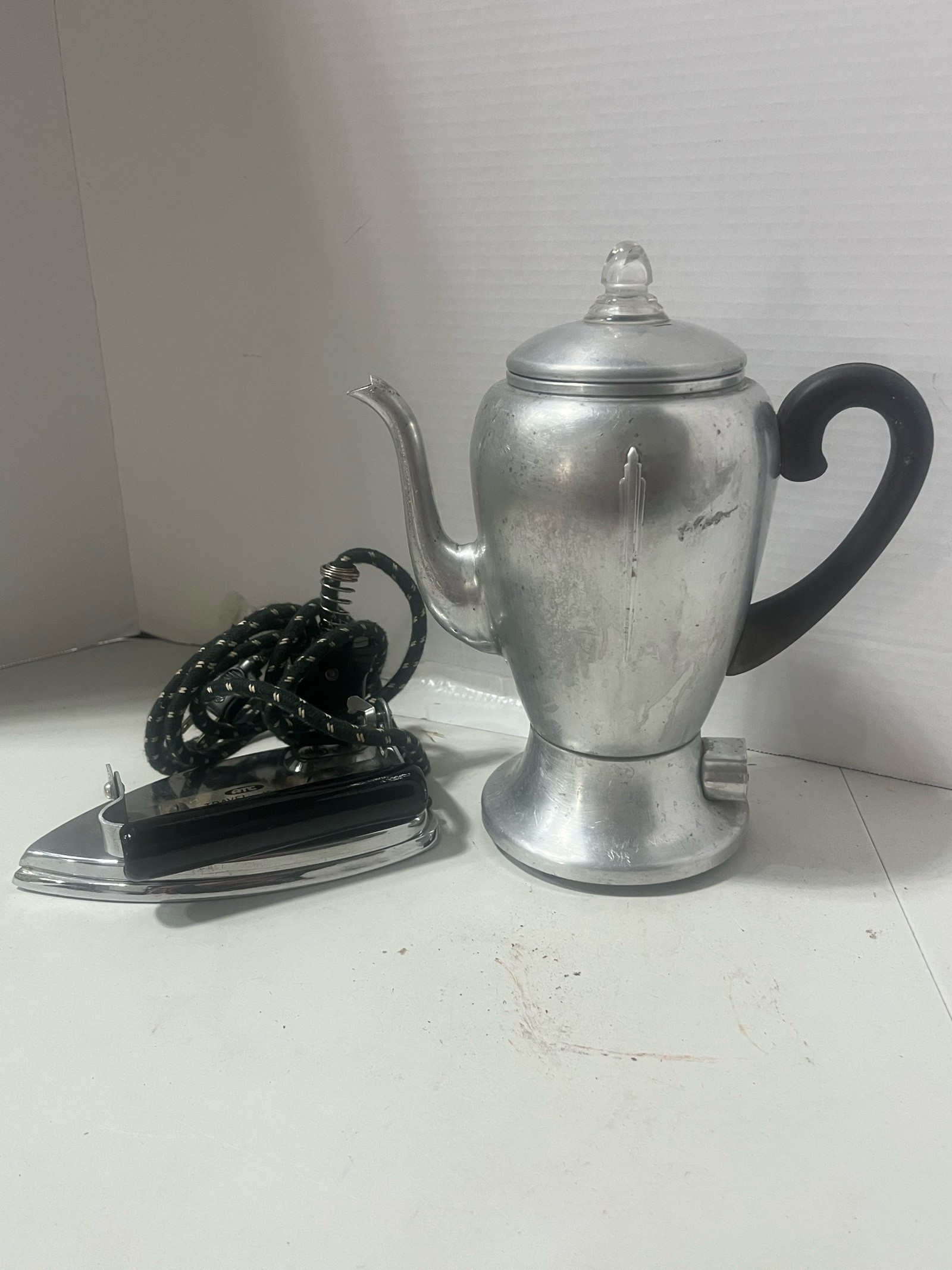 Vintage Mirro-Matic Coffee Pot with Cord, and ATC Travel Iron