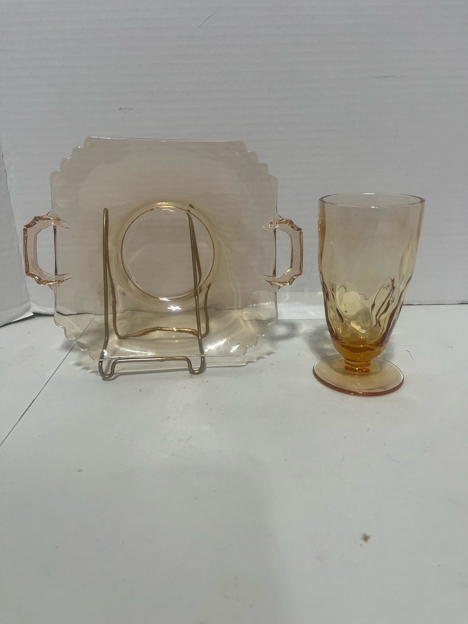 Amber Depression Glass Square Dish and Footed Glass