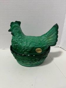 Stunning Bohemian Malachite Hen on Nest Czech Circa 1970