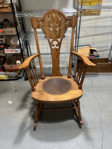 Beautiful Antique Rocker with Pressed Leather Seat and Mother of Pearl Inlays Stunning!