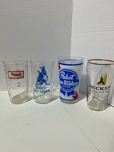 Set of 3 Beer Glasses Schlitz Malt Liquor, Pabst Blue Ribbon, Becker Hell-Extra and Monarch Measuring Glass