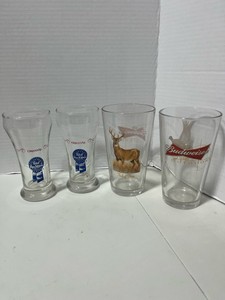 Set of 4 Beer Glasses Pabst Blue Ribbon and Budweiser Outdoors Deer and Pheasant