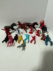 Vintage Lot of 20 Plastic Cowboys and Indians, Horses, Riders Made in USA