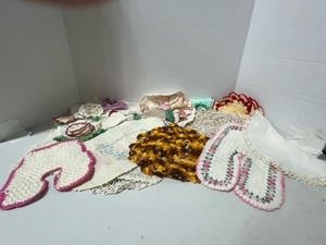 Wonderful Lot of Vintage Fancy Work Embroidery, Crocheted, Doilies, Baskets  Very Clean