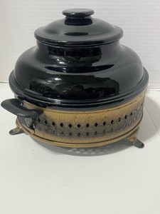 Vintage Black Stoneware Crock with Metal Serving Stand Perfect Condition