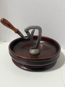 Vintage Wooden Nut Bowl with Mounted Metal Nut Cracker Great Piece