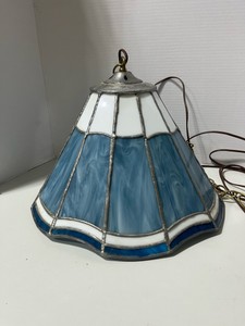 Vintage Blue and White Slag Glass Leaded Hanging Light Great Condition
